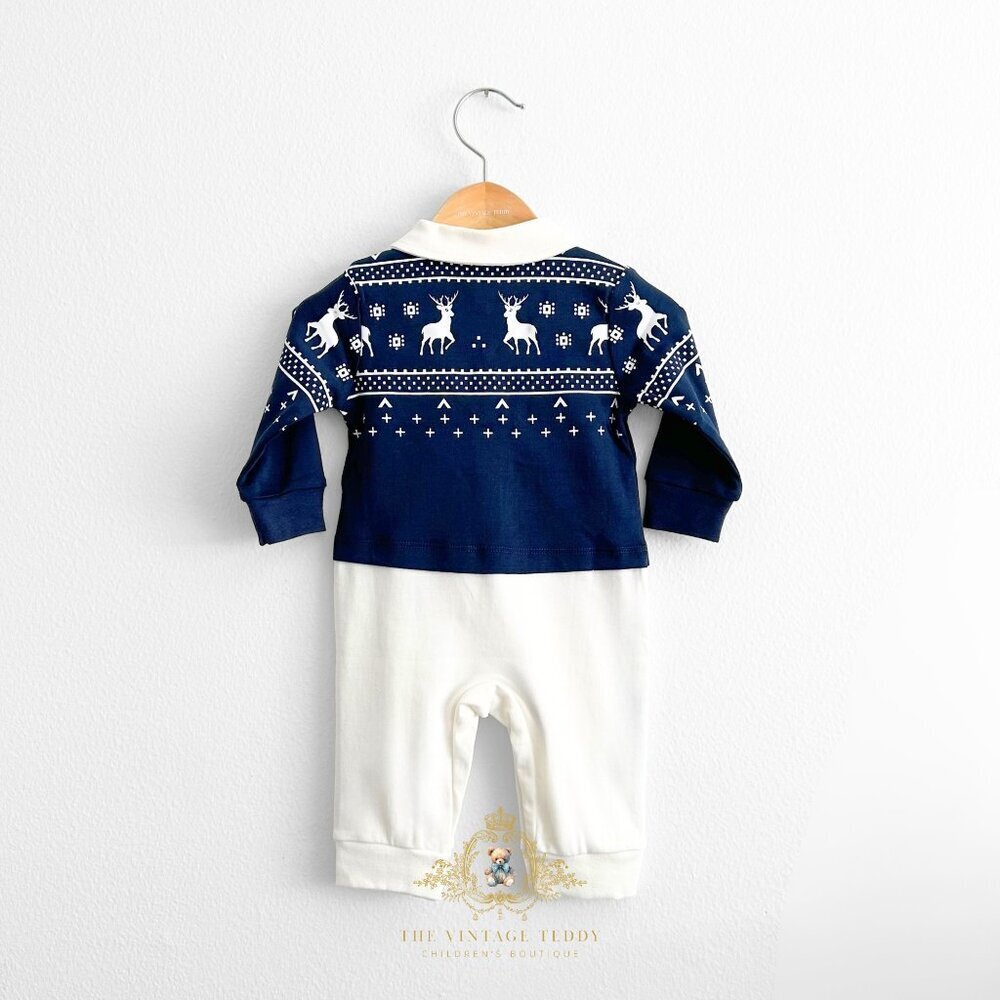 NWT Cute Baby Boys One-piece Bodysuits Romper Reindeers & Snowflakes Navy 18-24M - Picture 2 of 3